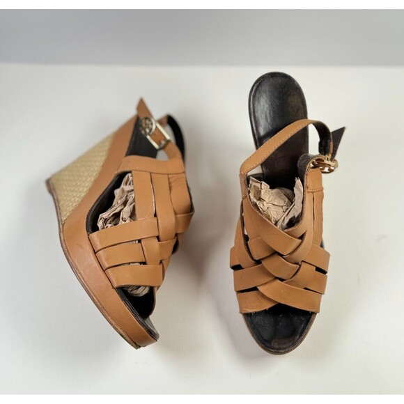 Tory Burch Tan Leather Woven Wedge Sandals - Picture 4 of 8